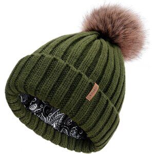 Women's Green Winter Beanie Hat Satin Lined Faux Fur Pom Pom Beanies Hat